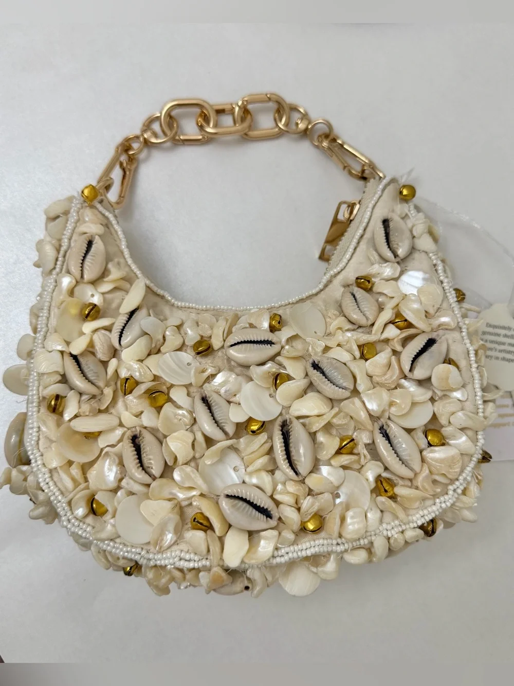 Handcrafted Shell-Embellished Women's Shoulder Bag - Cream & Gold